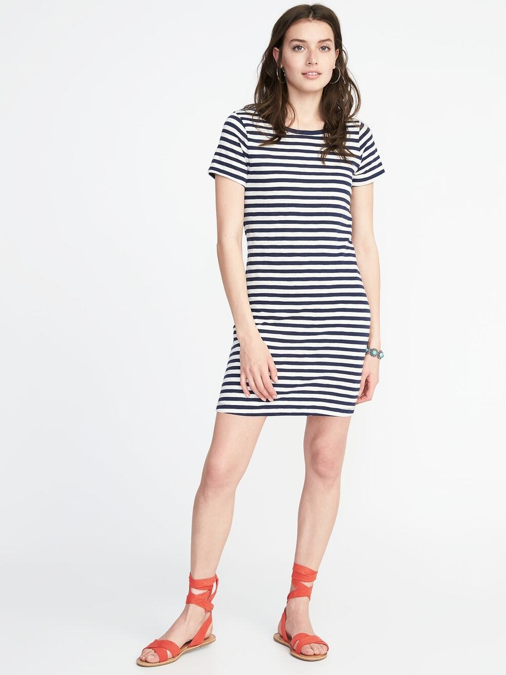 Old Navy Blue White Striped Short Sleeve Mini T-Shirt Dress Women's Size Medium